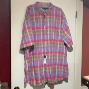 Men’s Polo Button Down Shirt 4XL Tall. Pink plaid